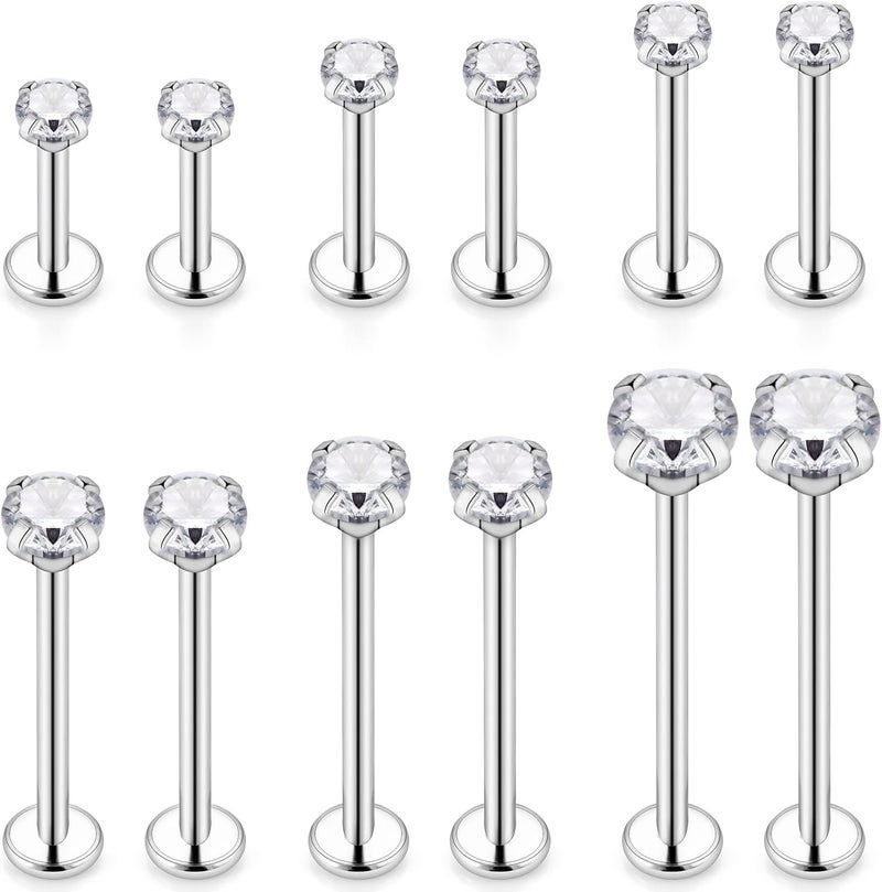 Ftovosyo 12Pcs 14G 16G Different Sizes Flat Back Stud Stainless Steel Labret Ashley Medusa Monroe Dimple Cheek Lip Rings Studs Piercing Jewelry for Women Men Bar Length 6mm-19mm - Image 1